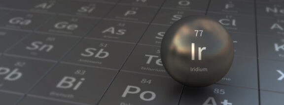 iridium element in spherical form. 3d illustration on the periodic table of the elements.