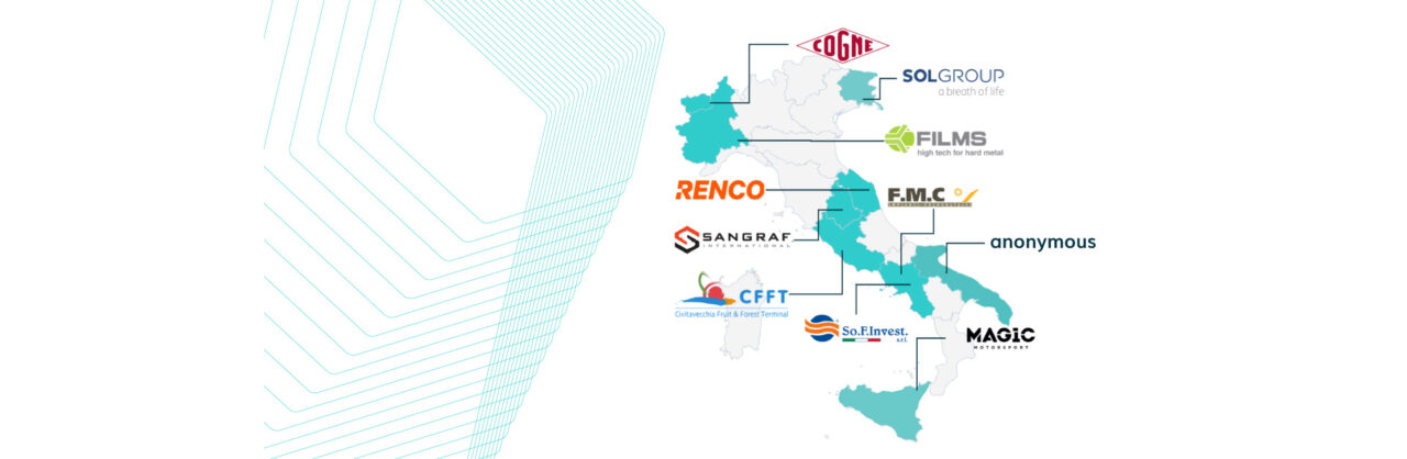 Map of Italy featuring various logos of Enapter clients.