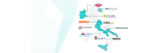 Map of Italy featuring various logos of Enapter clients.
