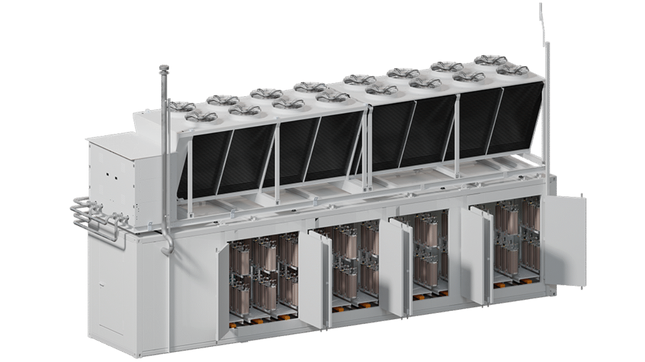 Rendering of the AEM Nexus 2500 by Enapter in its 40ft container with Stacks visible through opened doors.
